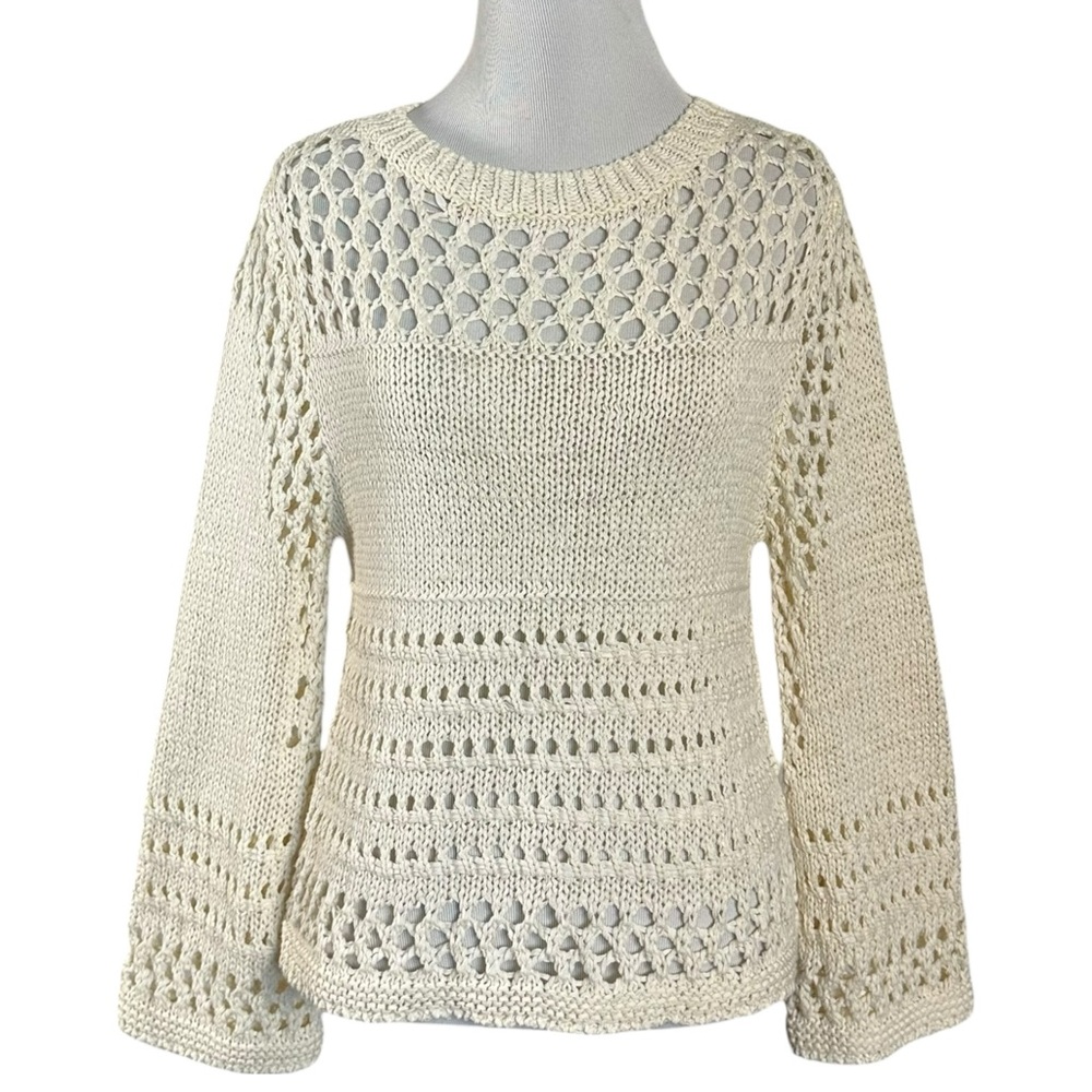 Vintage Bebe Retro 70s Crochet Knit Sweater in Ivory Cream Bell Sleeves Size XS